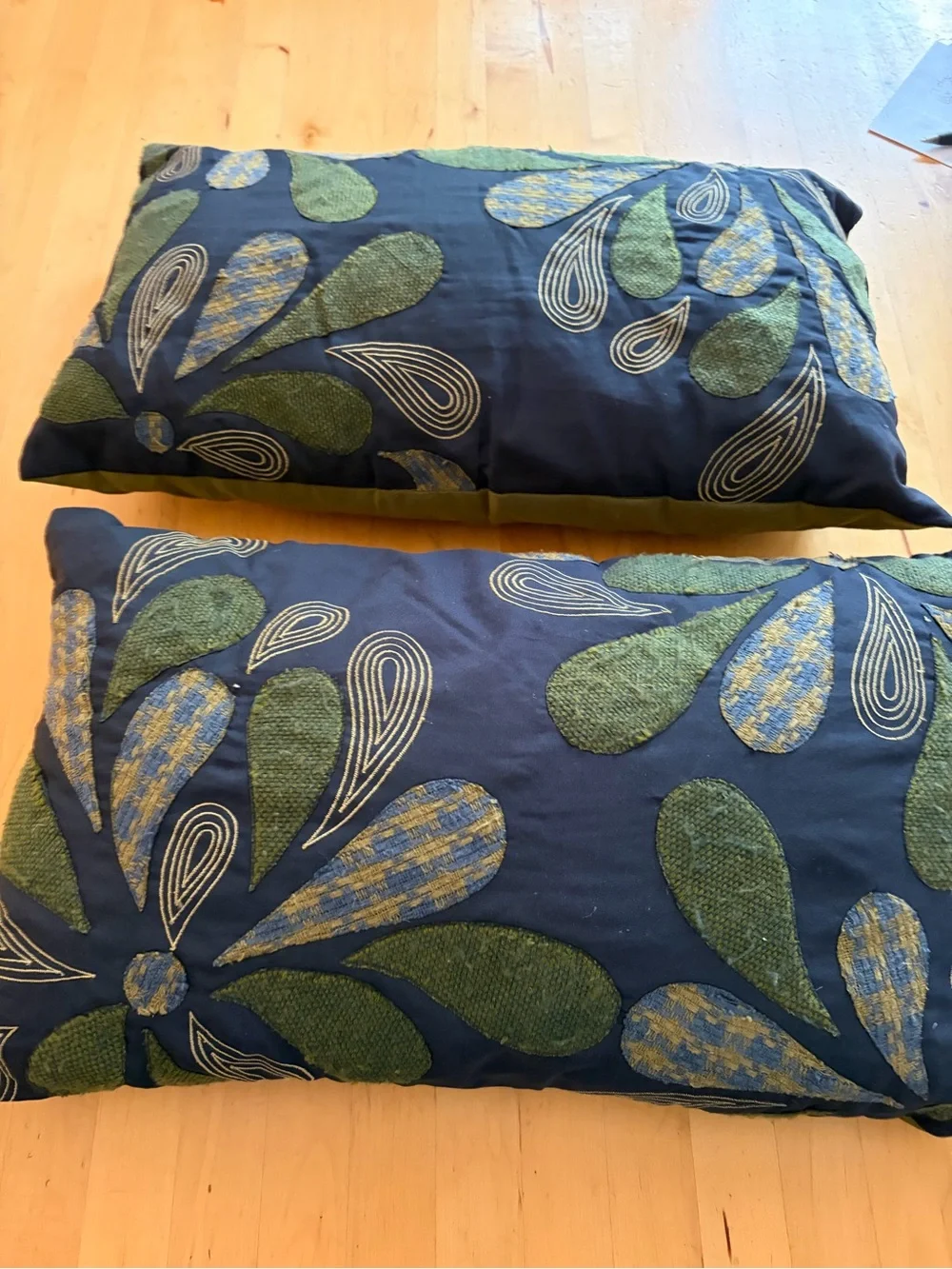 Pier 1 Navy Blue Decorative Pillow Pair with Green and Yellow Floral Teardrops